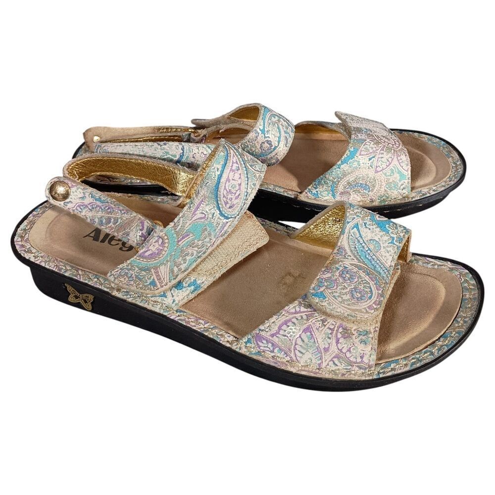 Alegria Verona Floral Ankle Strap Sandals Shoes Beige Blue Women's 37/US 7 - 7.5